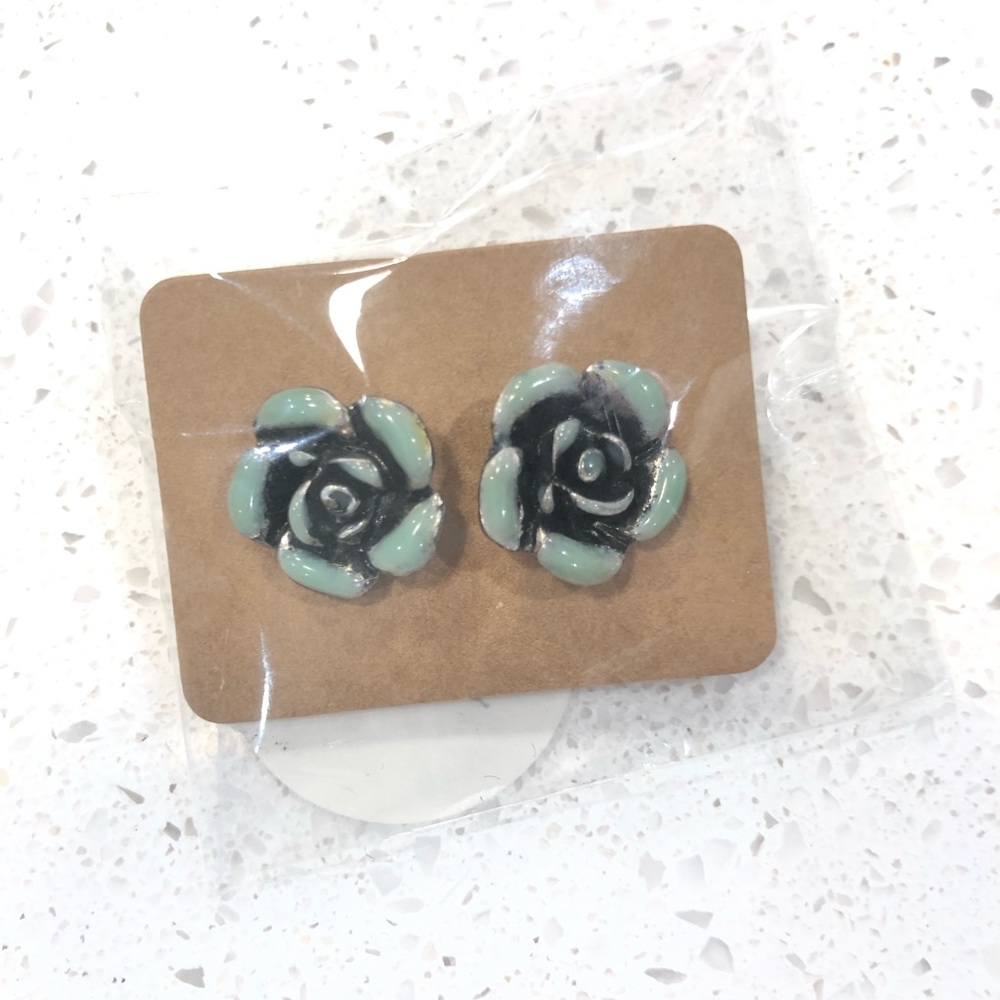 Rose Stud Earrings - Teal